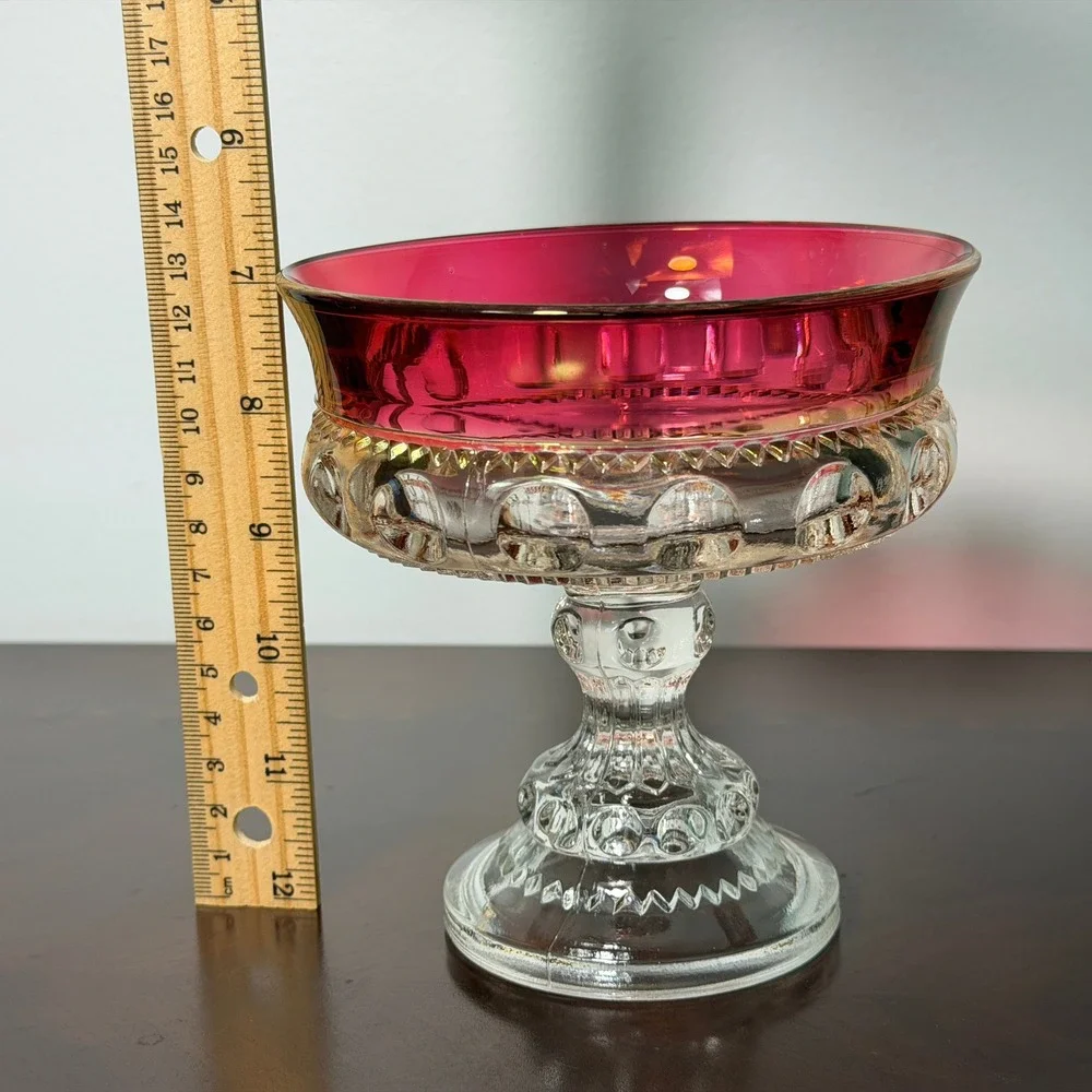 Vintage Indiana Glass Kings Crown Thumbprint Ruby Flash Compote Pedestal Bowl